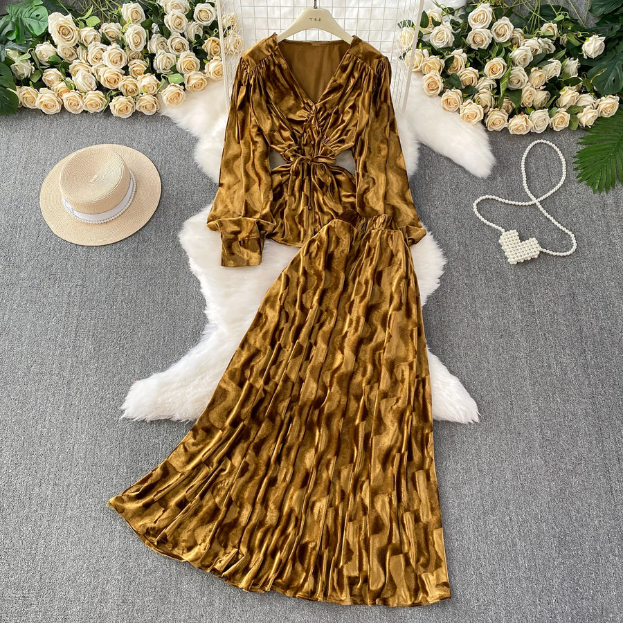 Autumn Velvet Skirt Two-piece Set V-neck Single Breasted Shirt Jacquard Skirts Suit  French Elegant Fashion Women Matching Sets