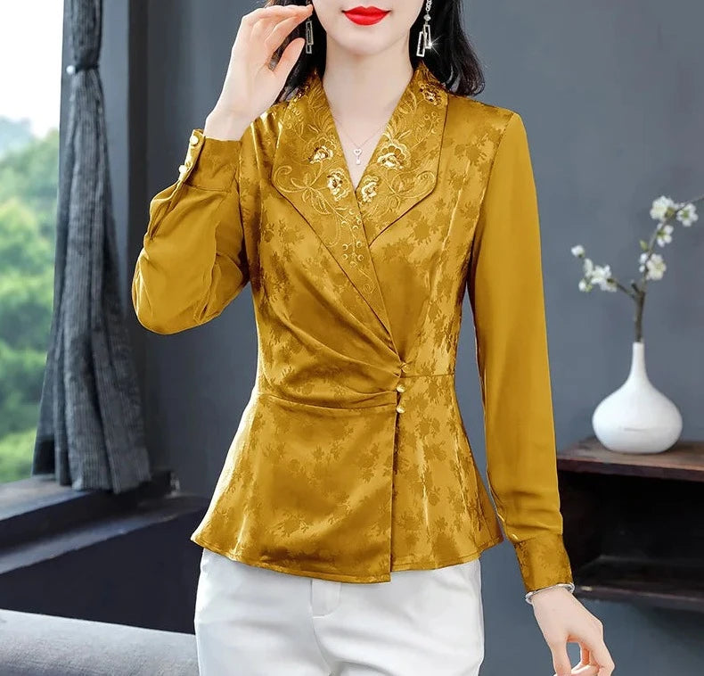 Elegant blouses with long sleeve pearls and high quality embroidery