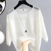 Trendy multicolor round neck hollow striped knitted fine sweater