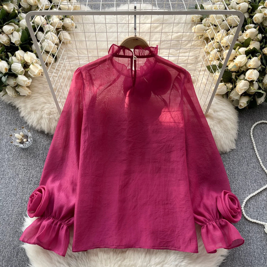 High Quality Loose Fit Fitted Lantern Sleeve Ruffled Chiffon Blouse