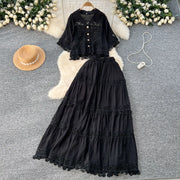 Luxury Long Dresses 2 Piece Sets Women Summer Holiday Hollow Out Crop Tops Elastic Waist Maxi Skirts Suits A Line Party Vestidos