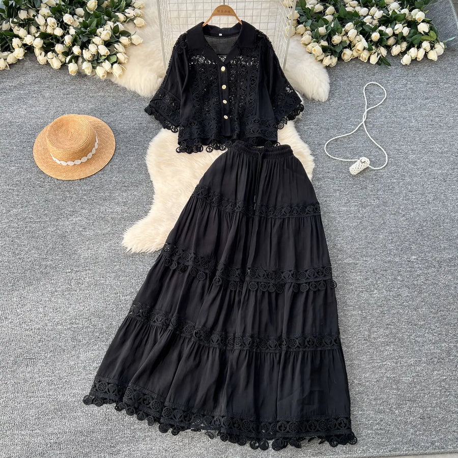 Luxury Long Dresses 2 Piece Sets Women Summer Holiday Hollow Out Crop Tops Elastic Waist Maxi Skirts Suits A Line Party Vestidos