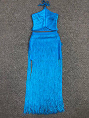 Two Piece Set Blue Halter Backless Crop Top + High Quality Fringe Bodycon Skirt