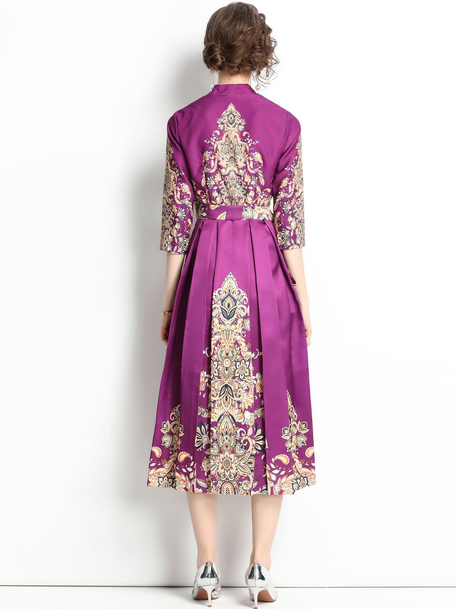 High Quality Three Quarter Sleeve V Neck Long Sleeve Flower Print Satin Dress