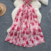 Women's long floral dress with thin straps, sleeveless, elastic, ruched with high-quality print