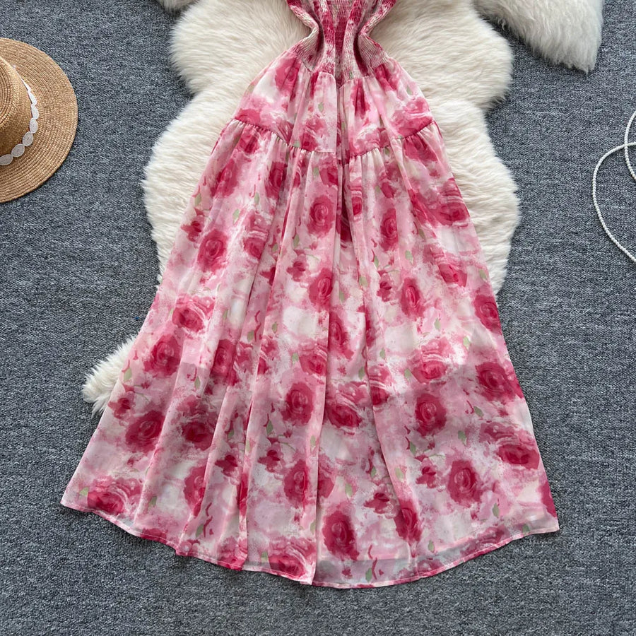 Women's long floral dress with thin straps, sleeveless, elastic, ruched with high-quality print
