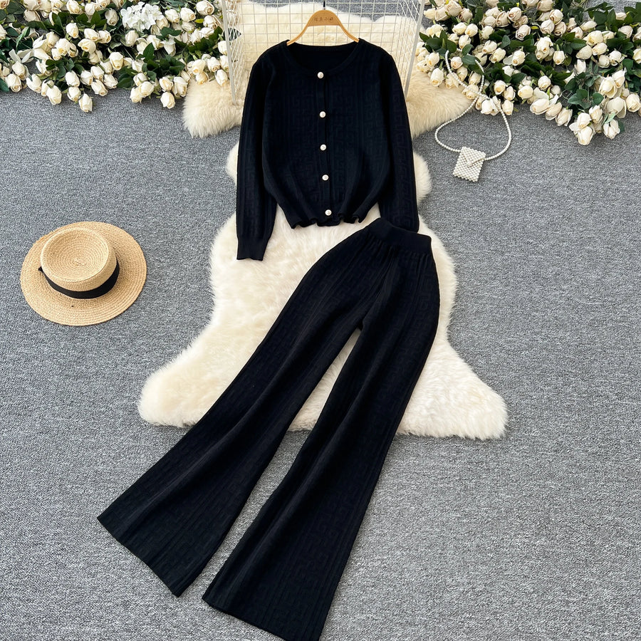 High quality long sleeve cardigan + long elastic pants knitted sets