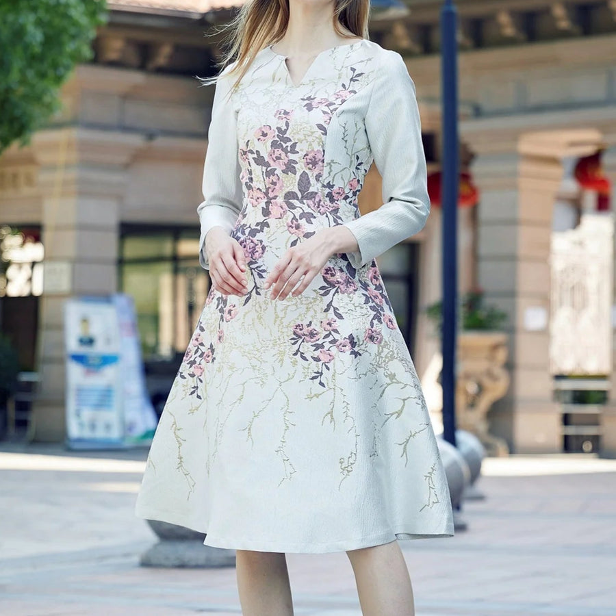 High Quality V Neck Long Sleeve Knee Length Floral Bohemian Dress