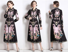 High Quality Flower Print Elegant Belted Long Flare Sleeve Dresses