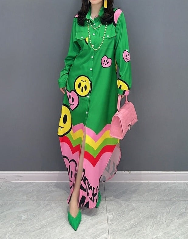 High quality long sleeve print green maxi dress