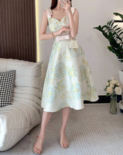 High Quality Elegant Sleeveless French Gorgeous Flower Jacquard Dress