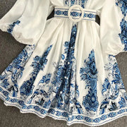 Women Dress Elegant Spring Autumn Retro Fashion Court Style Positioning Printing Lantern Sleeve Single Breasted Vintage Dress
