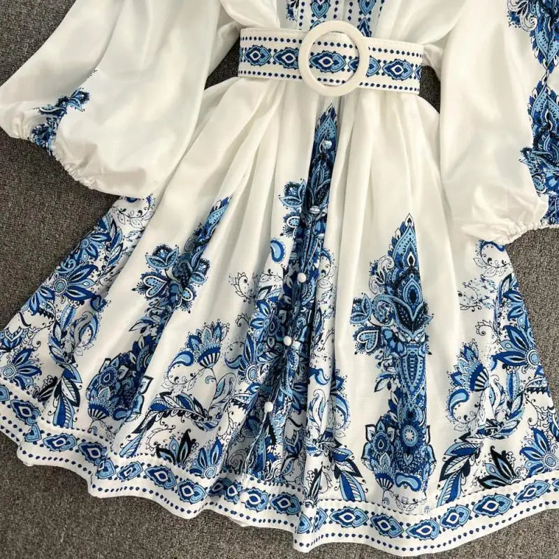 Women Dress Elegant Spring Autumn Retro Fashion Court Style Positioning Printing Lantern Sleeve Single Breasted Vintage Dress