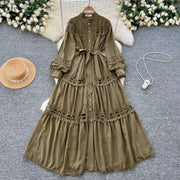 Elegant retro style slit maxi dress with pearl buttons and high-quality crochet embroidery