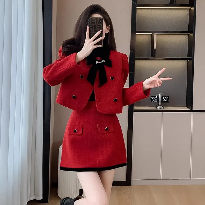 New Elegant Red Short Mini Bodycon Suit Skirt Double-breasted Bow Coat 2 Pieces Suits