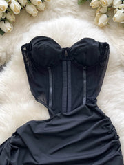 Women's Sexy Hollow Out Waist Pencil Mini Dress Pleated Waist Streamer Wrapped Hip Dress High Quality