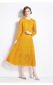 High Quality Pink and Yellow Lace Long Sleeve A-line Elegant Dress