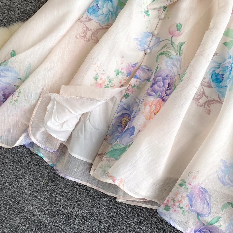Lace Chiffon Floral Dress Maxi A-line Lantern Sleeve V Neck Spring Women Retro French Fairycore Elegant Vacation Dress
