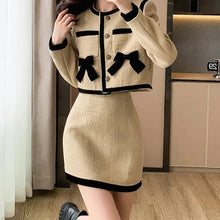 Single Breasted Bow Tweed Short Jacket Coat + Mini Pencil Skirt Two Piece Set High Quality