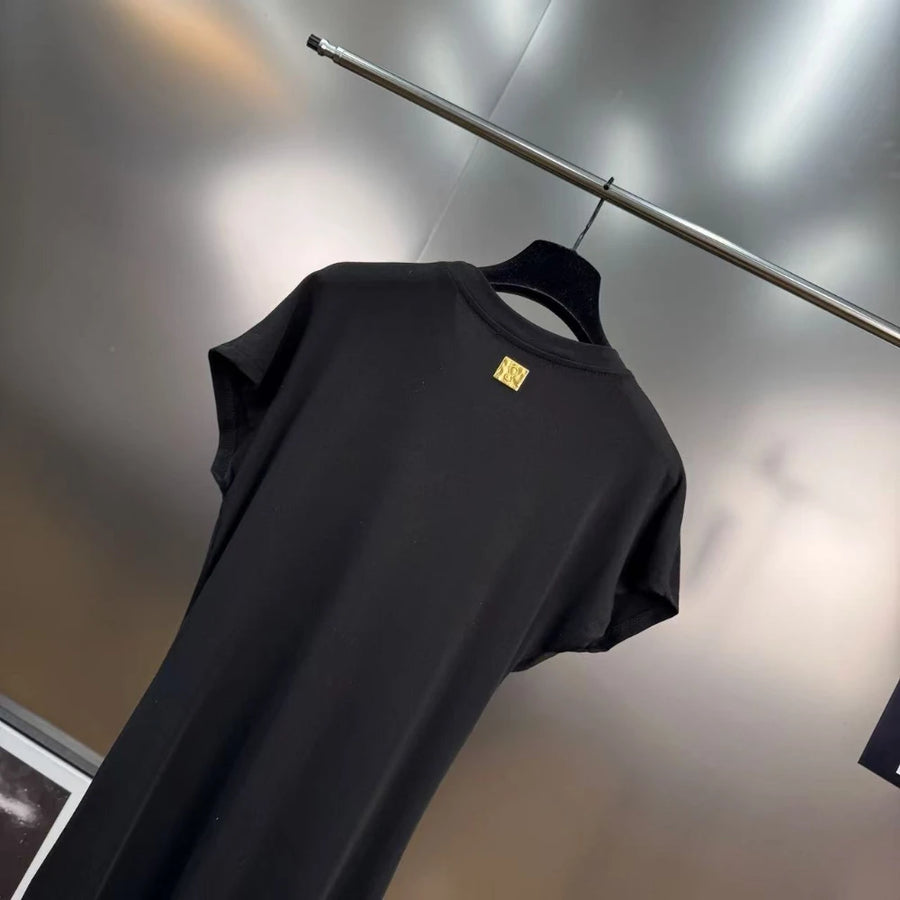 French retro round neck, short sleeve, high waist, straight dress with high-quality spliced metal pins