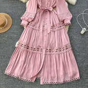 Elegant retro style slit maxi dress with pearl buttons and high-quality crochet embroidery