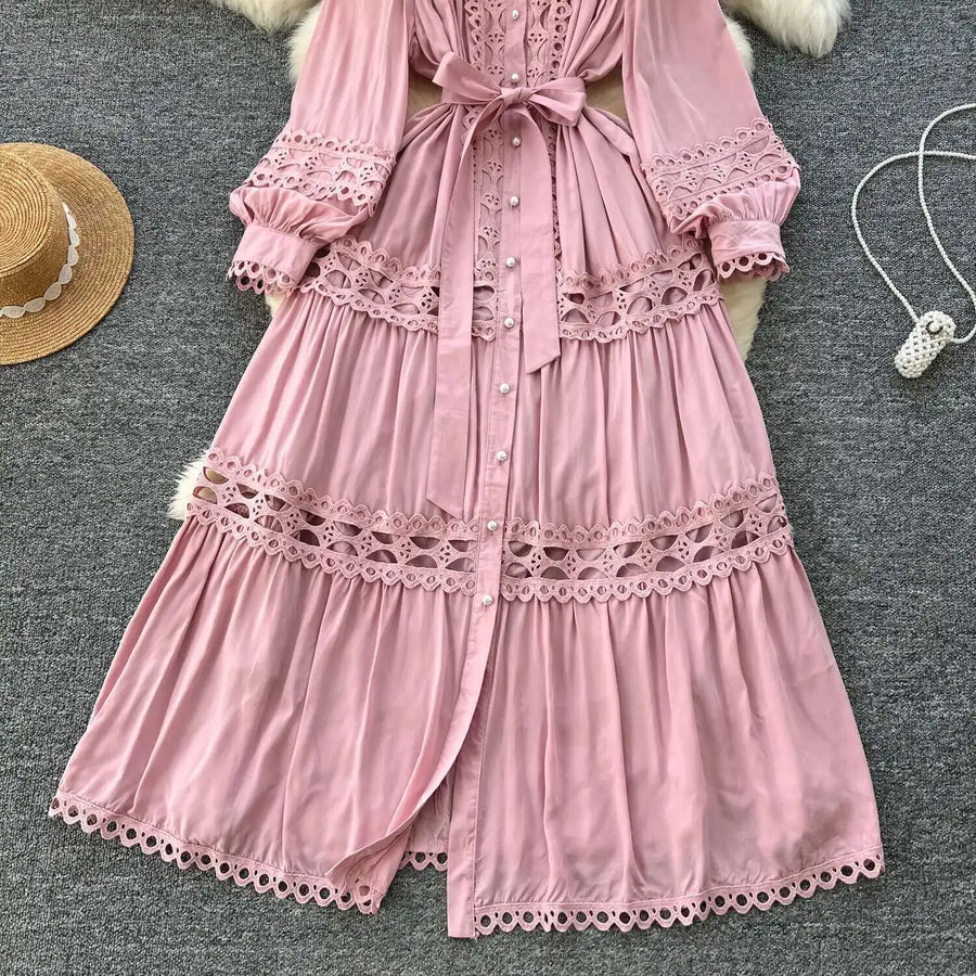 Elegant retro style slit maxi dress with pearl buttons and high-quality crochet embroidery