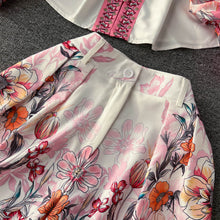 Two Piece Set Floral Print V Neck Flare Long Sleeve Shirt + Belted Pocket Shorts High Quality
