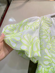 Colorblock A Lin Midi Dresses For Women V Neck Short Puff Sleeve High Waist Elegant Mesh Dress Female Summer  Clothing