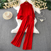Women Lace Patchwork Pants Set Single Breasted Long Sleeved Shirt Elastic Waisted Trousers Suit Summer Female 2 pieces Sets