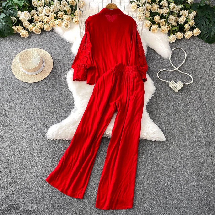 Women Lace Patchwork Pants Set Single Breasted Long Sleeved Shirt Elastic Waisted Trousers Suit Summer Female 2 pieces Sets