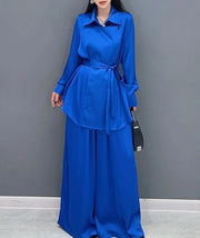 Red and Blue Solid Color Matching Loose Sets Long Sleeve Shirt+Wide Leg Pants High Quality