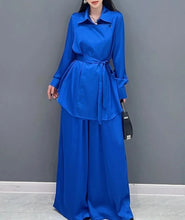 Red and Blue Solid Color Matching Loose Sets Long Sleeve Shirt+Wide Leg Pants High Quality