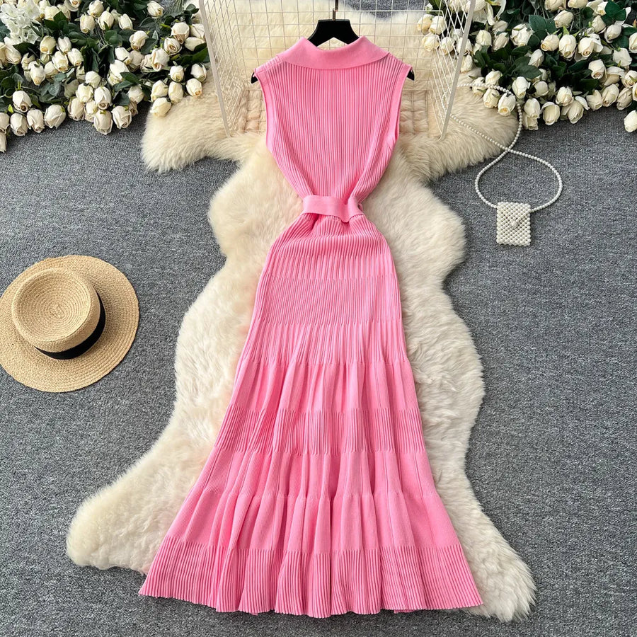 SINGREINY 1950s Ribbed Knit Dress Sleeveless Lapel Belt French Ins Chic Spring Summer Celebrity Style Feminine A-line Long Dress