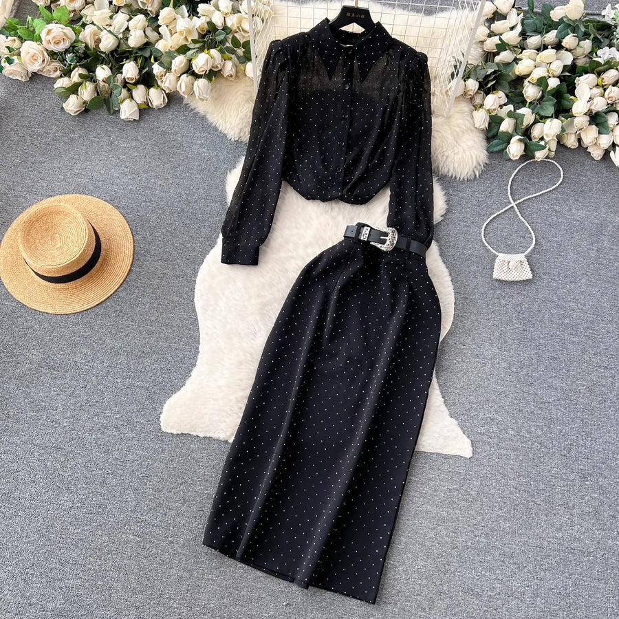 Autumn Elegant OL Polka Dot Black Two Pieces Set Women's Padded Shoulder Chiffon Shirt Top + Belt Srtaight Skirt Long Suits