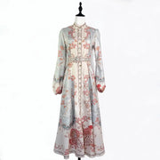 Floral print dress with long sleeves, high neck, and belt, high quality midi length