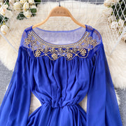 High Quality Various Colors Lantern Sleeve O Neck Maxi Embroidered Dress