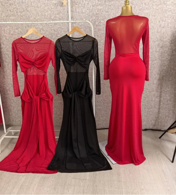 High Quality Nightclub Long Sleeve Bow Sheer Mesh Maxi Dress