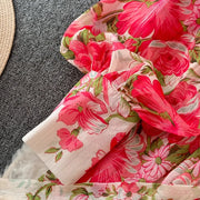 Sweet Print Lace Up French Style Femme Robe Stand Collar Lantern Sleeve Slim Fit Mujer Chiffon Ruched High Waist Dresses