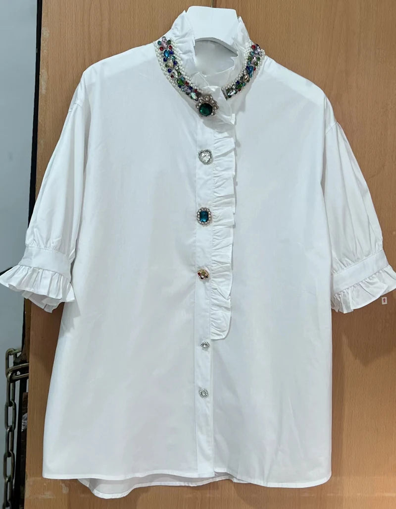 Shirt with buttons, ruffles, cotton stand-up collar and three-quarter sleeves of high quality