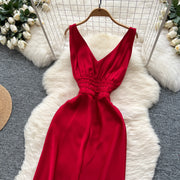 Elegant Satin V-neck Chic Straps Sexy Sleeveless Hotsweet Slim Slip Long Dresses Vintage High Street Women Clothing