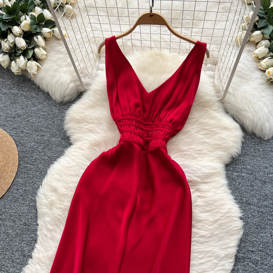 Elegant Satin V-neck Chic Straps Sexy Sleeveless Hotsweet Slim Slip Long Dresses Vintage High Street Women Clothing