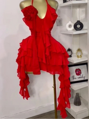 High-quality halterneck, backless, tiered ruffle mini dress
