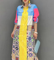 High Quality Prints Loose Patchwork Elegant Lapel Color Block Shirt Dress