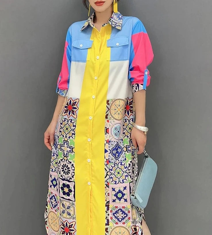 High Quality Prints Loose Patchwork Elegant Lapel Color Block Shirt Dress