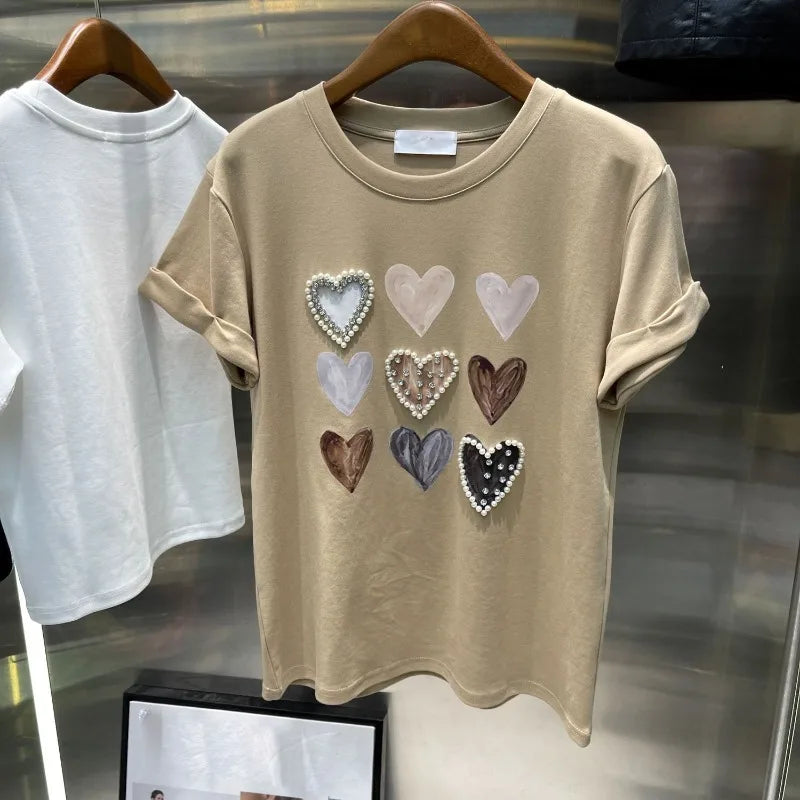 High Quality Pearl Heart Shape Cotton Short Sleeve T-shirt