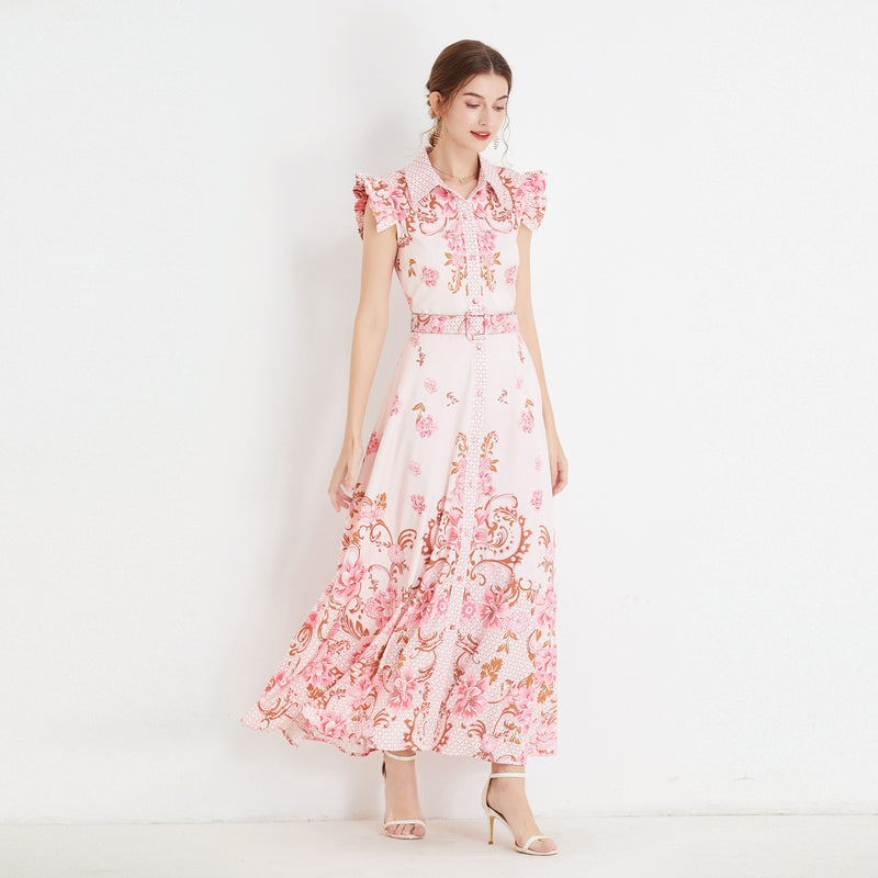 High Quality Sleeveless Ruffle Belted Flower Maxi Dress