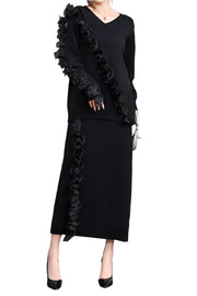 Black Elegant Casual Set Loose Knitted Sweater+Long Skirt High Quality