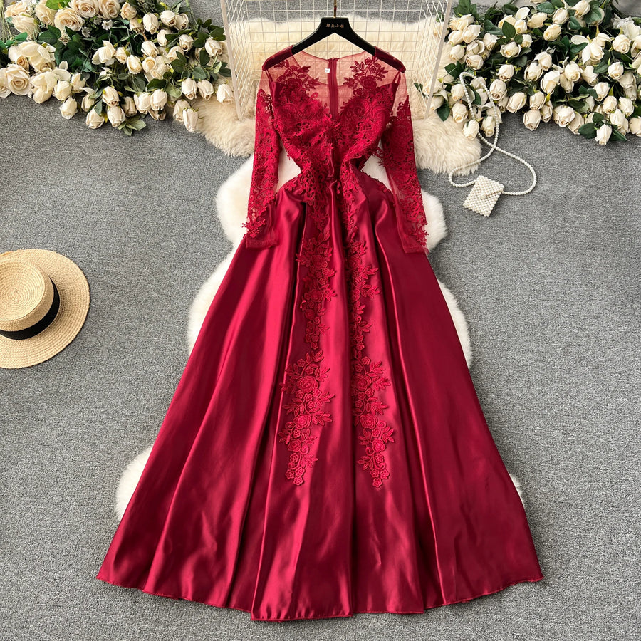 High Quality Vintage Floral Embroidery Mesh Long Sleeve Red Dresses Red / L High Quality Vintage Floral Embroidery Mesh Long Sleeve Red Dresses Red / L