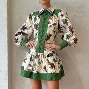 High Quality Single Breasted Long Flare Sleeve Loose Flower Print Pleated Mini Dress