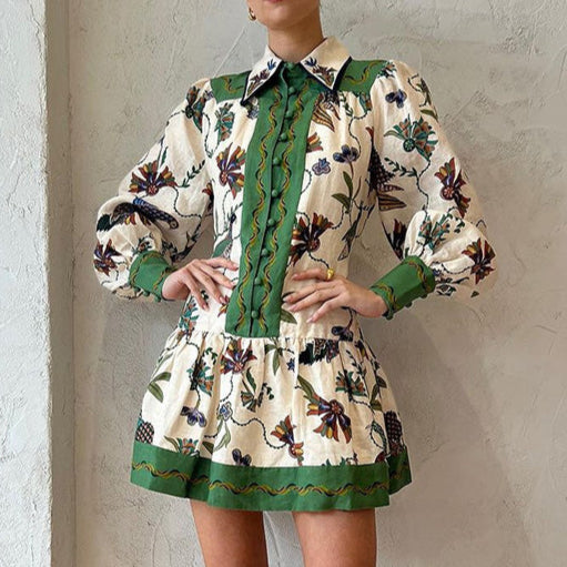 High Quality Single Breasted Long Flare Sleeve Loose Flower Print Pleated Mini Dress
